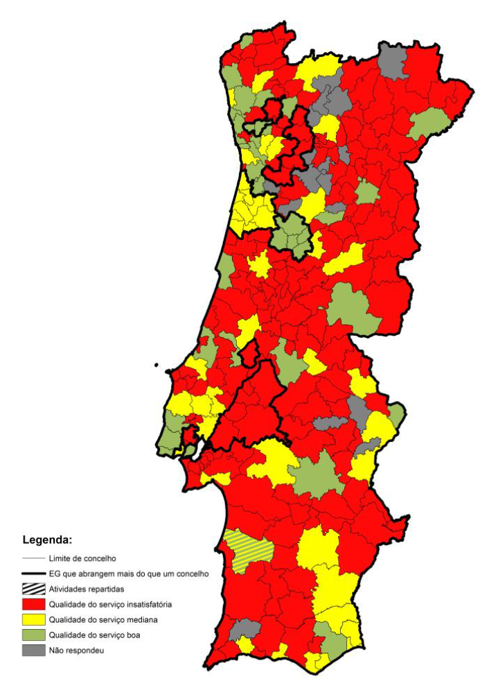Mapa de Portugal com o indicador de água não faturada por concelho, publicada no RASARP de 2020.