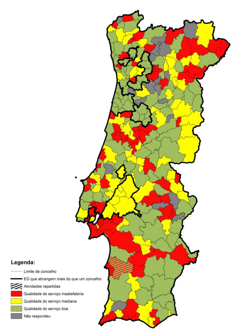 Mapa de Portugal com o indicador de perdas reais de água por concelho, publicada no RASARP de 2020.