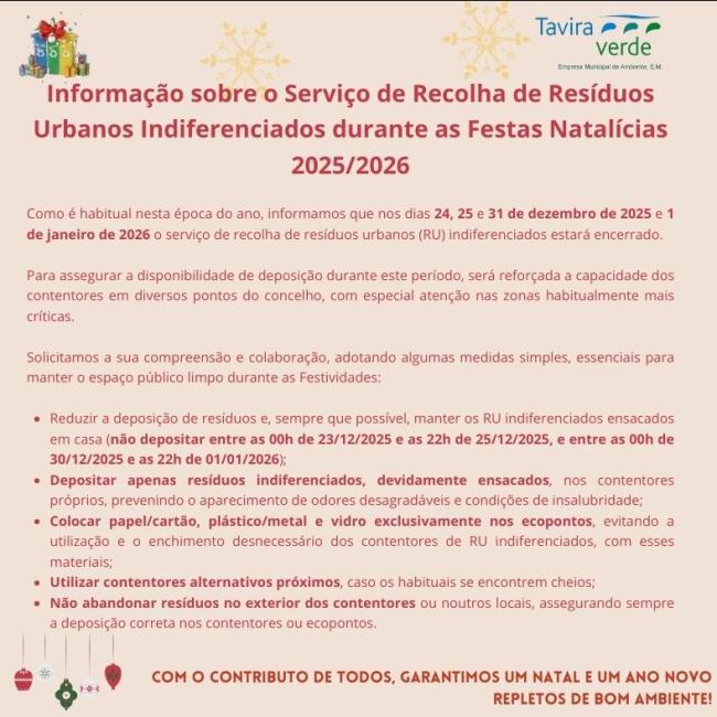 Informação sobre o Serviço de Recolha de Resíduos Urbanos Indiferenciados durante as Festas Natalícias 2025/2026