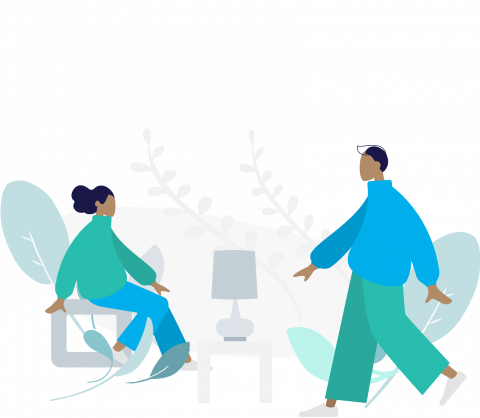 Ilustração de pessoa sentada e outra levantada, com plantas ao redor