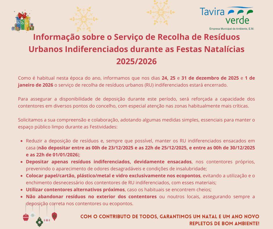 Informação sobre o Serviço de Recolha de Resíduos Urbanos Indiferenciados durante as Festas Natalícias 2025/2026